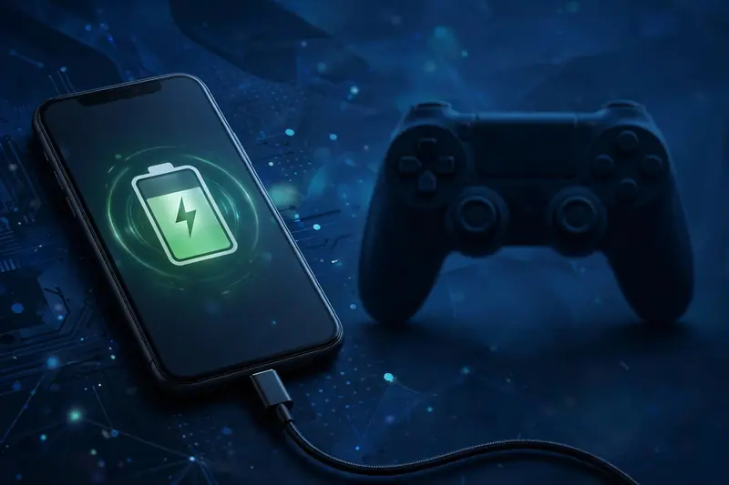 Android phone with a battery icon and game controller, showing power saving indicators