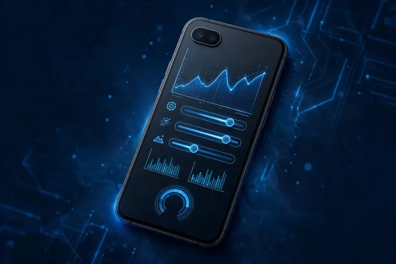 Android phone displaying a game with a settings panel showing resolution and frame rate sliders
