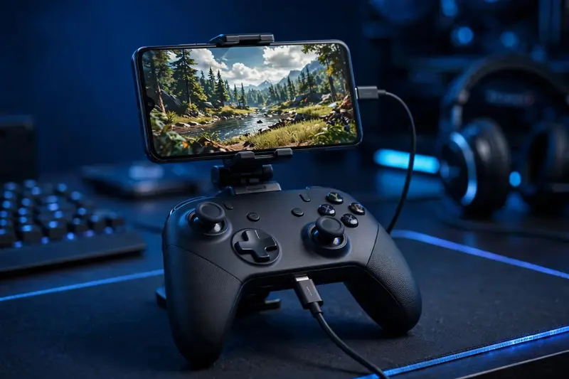 Wireless game controller paired with an Android phone showing a racing game on screen