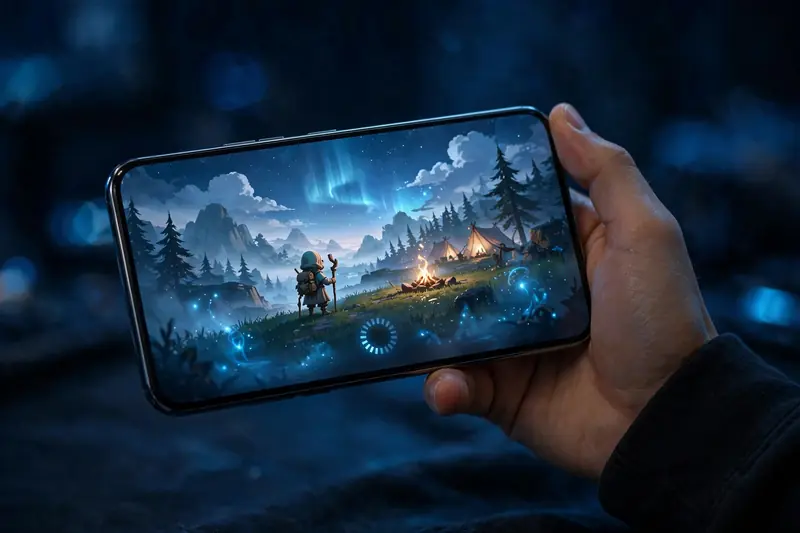 First-time user flow on an Android phone showing login screen then game library then gameplay