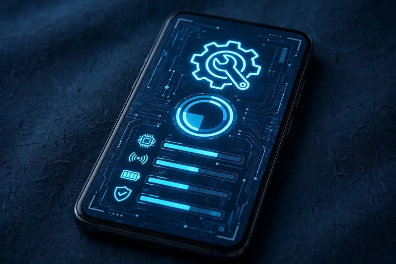 Android phone showing an error message with a wrench and checklist icons beside it